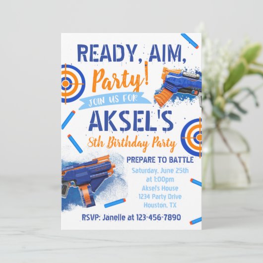 Invitation d'anniversaire Dart Party | Arme à cano (Debout devant)