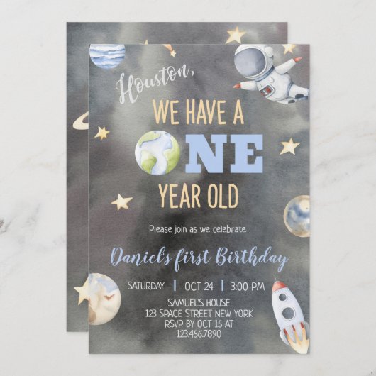 Invitation d'anniversaire d'astronaute dans l'espa (Devant / Derrière)