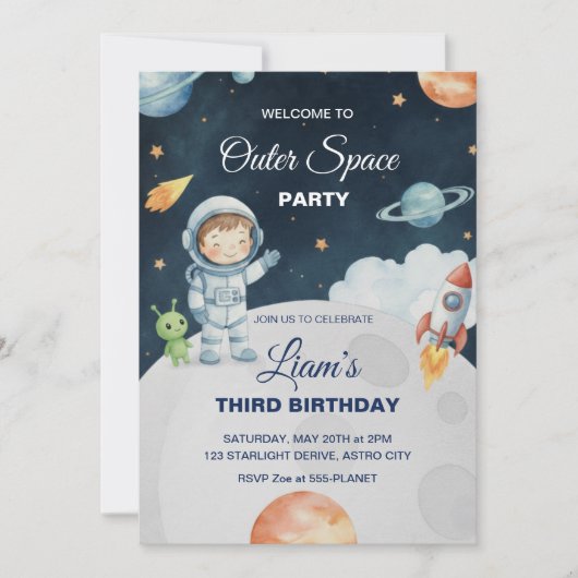 Invitation d'anniversaire d'astronaute d'aventure  (Devant)