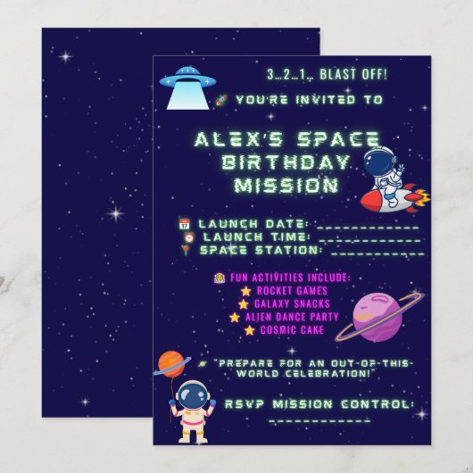 Invitation d'anniversaire d'astronaute – Décollage (Devant / Derrière)