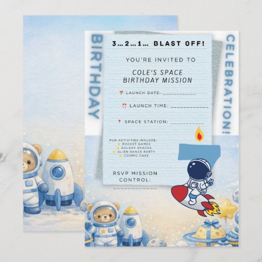 Invitation d'anniversaire d'astronaute – Décollage (Devant / Derrière)