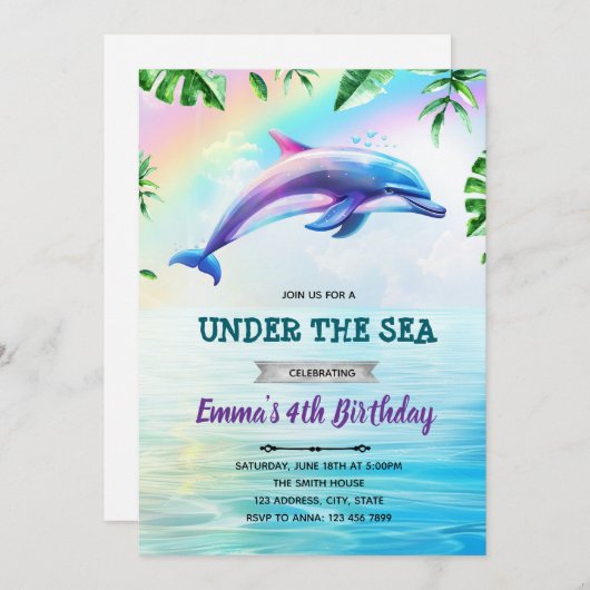 Invitation d'anniversaire dauphin arc-en-ciel (Devant / Derrière)