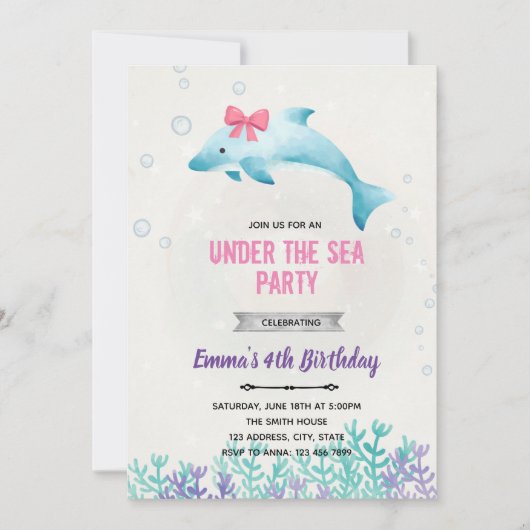 Invitation d'anniversaire dauphin sous la mer (Devant)