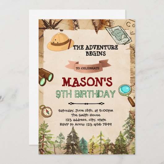 Invitation d'anniversaire d'aventure d'explorateur (Devant / Derrière)