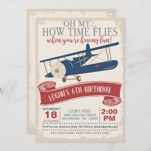 Invitation d'anniversaire d'avion (Devant / Derrière)