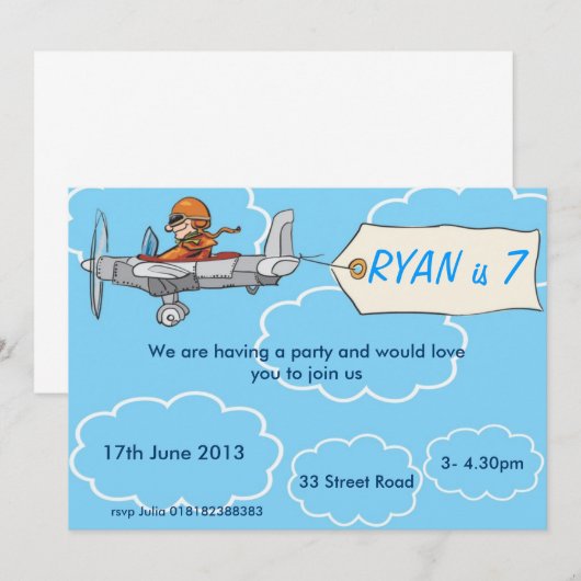 Invitation d'anniversaire d'avion de garçons (Devant / Derrière)