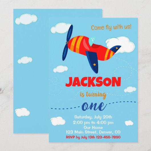 Invitation d'anniversaire d'avion invitation de la (Devant / Derrière)