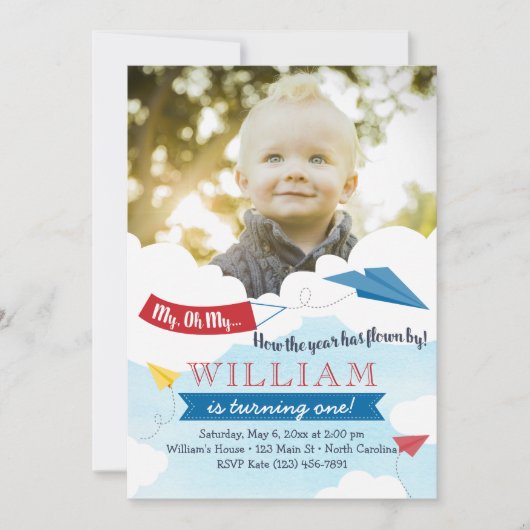 Invitation d'anniversaire d'avion papier (Devant)