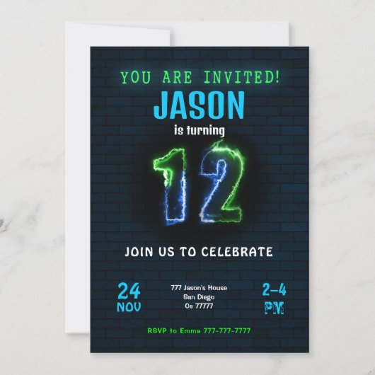 Invitation d'anniversaire de 12 ans pour garçon (Devant)