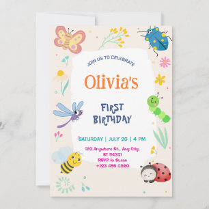 Invitation d'anniversaire de 1 an Cute One Bug & B
