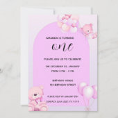 Invitation d'anniversaire de 1 an Ourson Rose Viol (Devant)