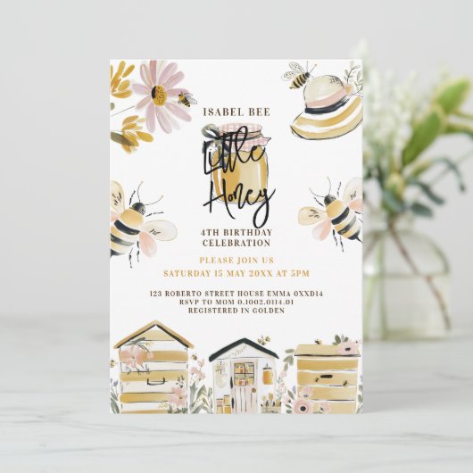 Invitation d'anniversaire de 4 ans de petite abeil (Debout devant)