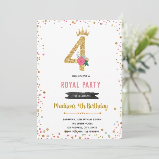 Invitation d'anniversaire de 4 ans princesse (Debout devant)