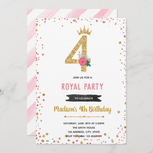 Invitation d'anniversaire de 4 ans princesse (Devant / Derrière)