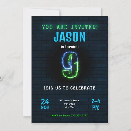 Invitation d'anniversaire de 9 ans pour garçon (Devant)