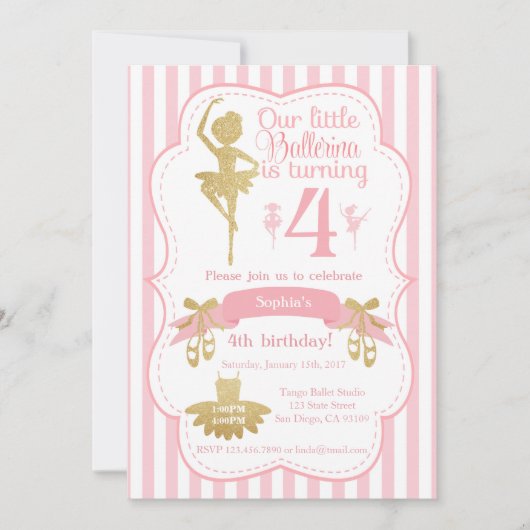 Invitation d'anniversaire de Ballerina en rose et (Devant)
