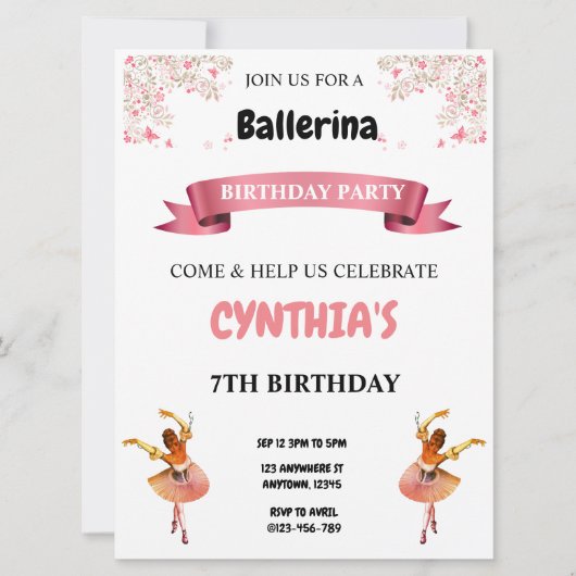 Invitation d'anniversaire de Ballerina rose (Devant)