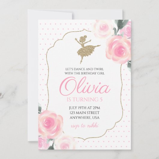 Invitation d'anniversaire de ballerine florale (Devant)
