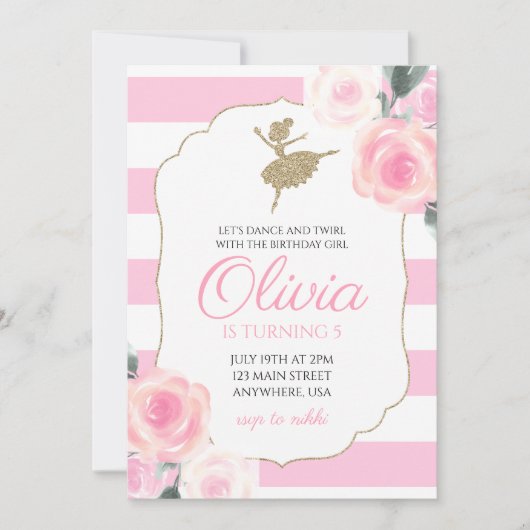 Invitation d'anniversaire de ballerine florale (Devant)