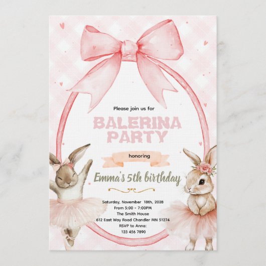 Invitation d'anniversaire de Ballerine Lapin (Devant)