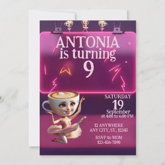 Invitation d'anniversaire de ballerine néon (Devant)