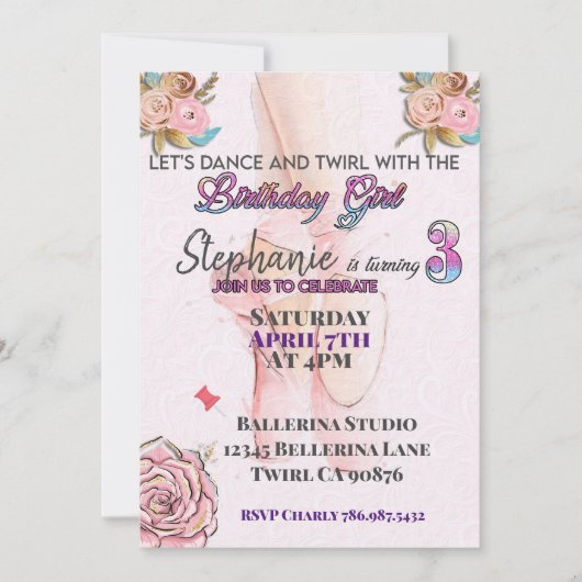 Invitation d'anniversaire de ballerine pour ses 3  (Devant)
