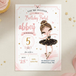 Invitation d'anniversaire de ballerine rose | Noir
