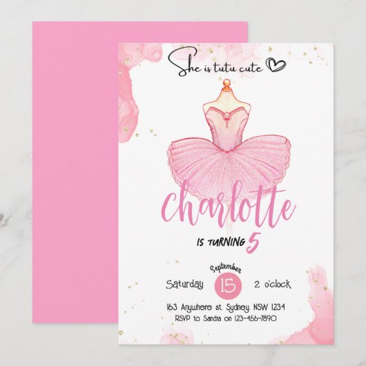 Invitation d'anniversaire de ballet mignon tutu (Devant / Derrière)