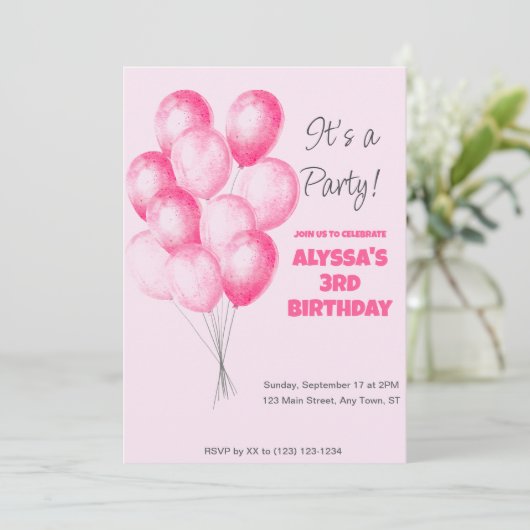 Invitation d'anniversaire de ballons roses (Debout devant)