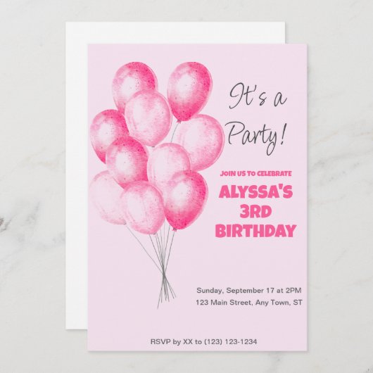Invitation d'anniversaire de ballons roses (Devant / Derrière)