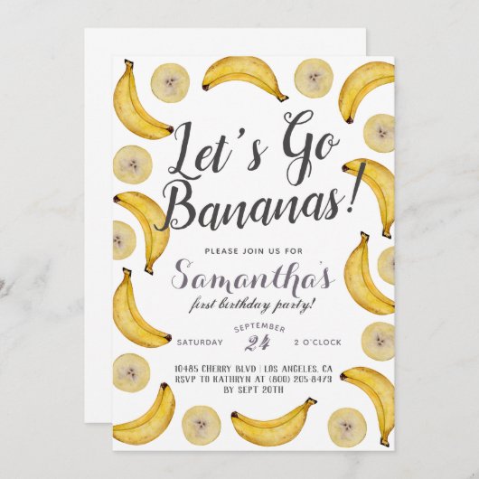 Invitation d'anniversaire de bananes (Devant / Derrière)