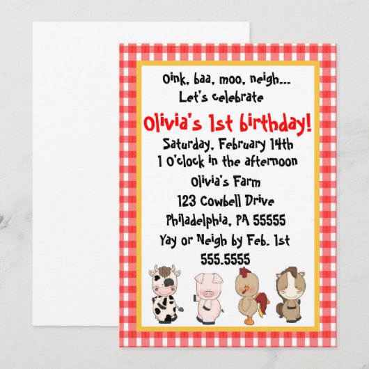 Invitation d'anniversaire de Barnyard (Devant / Derrière)