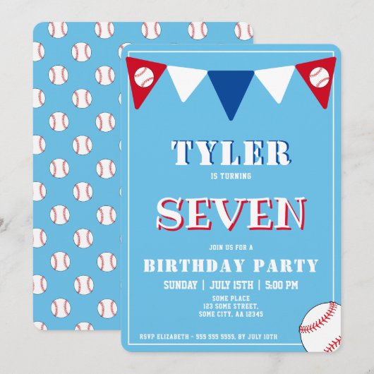 Invitation d'anniversaire de baseball bleu mignon (Devant / Derrière)