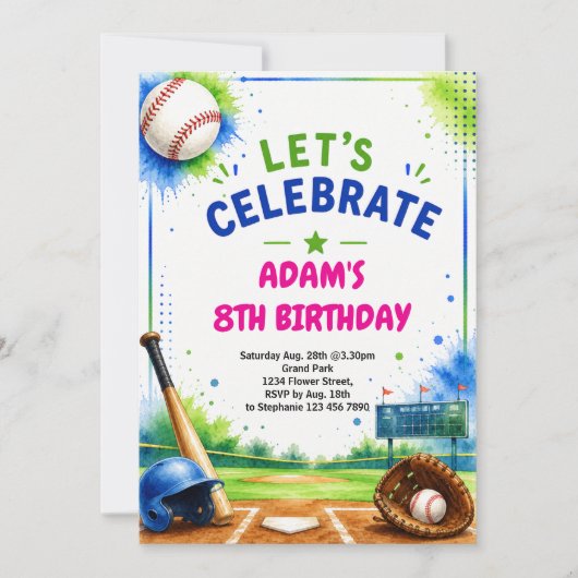 Invitation d'anniversaire de baseball Design aquar (Devant)
