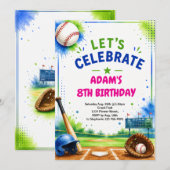 Invitation d'anniversaire de baseball Design aquar (Devant / Derrière)