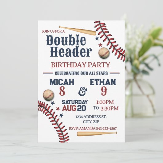 Invitation d'anniversaire de baseball double en-tê (Debout devant)