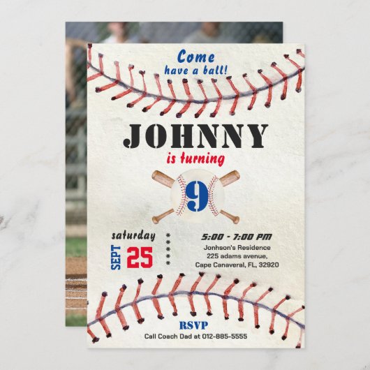 Invitation d'anniversaire de baseball garçon avec (Devant / Derrière)