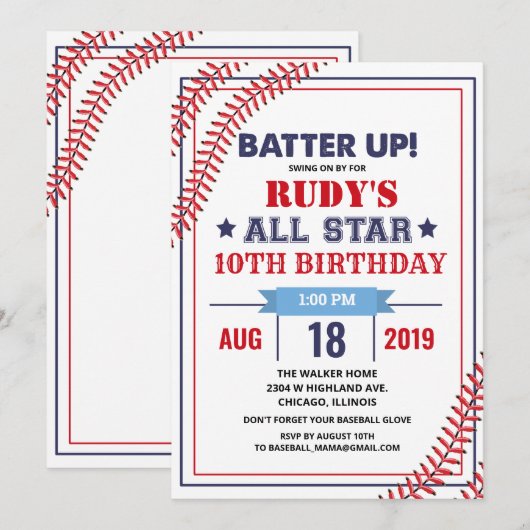 Invitation d'anniversaire de baseball - TOUS ÂGES (Devant / Derrière)