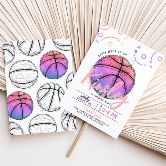 Invitation d'anniversaire de basket-ball rose