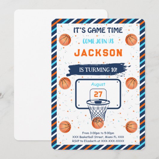 Invitation d'anniversaire de basketball orange (Devant / Derrière)