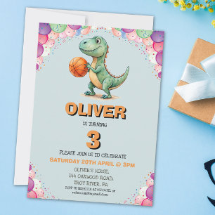 Invitation d'anniversaire de basketteur T-rex