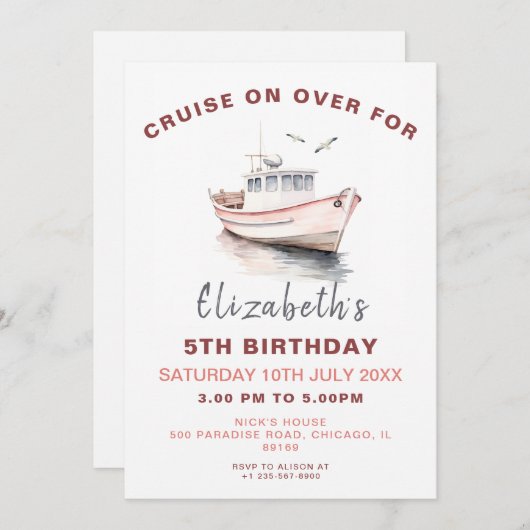 Invitation d'anniversaire de bateau modifiable - G (Devant / Derrière)