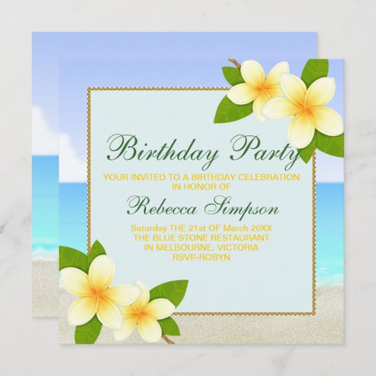 Invitation d'anniversaire de Beach & Frangipani (Devant / Derrière)