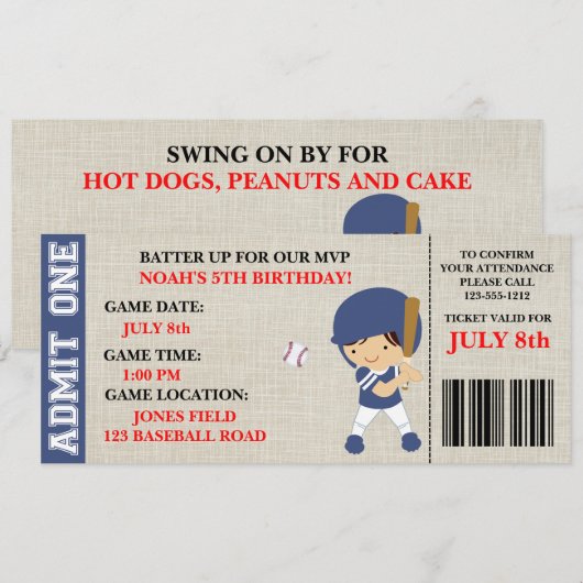 Invitation d'anniversaire de billet de base-ball (Devant / Derrière)