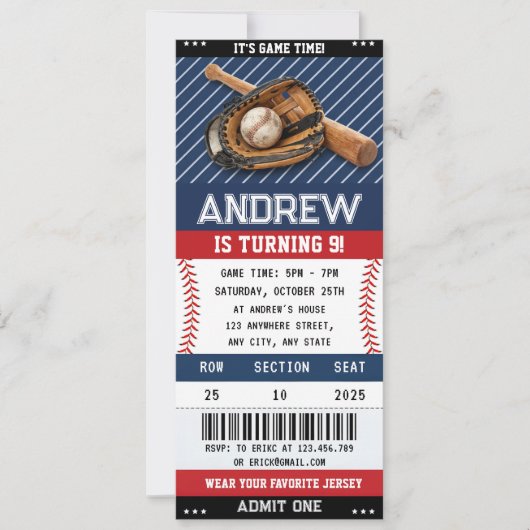 Invitation d'anniversaire de billet de baseball pe (Devant)