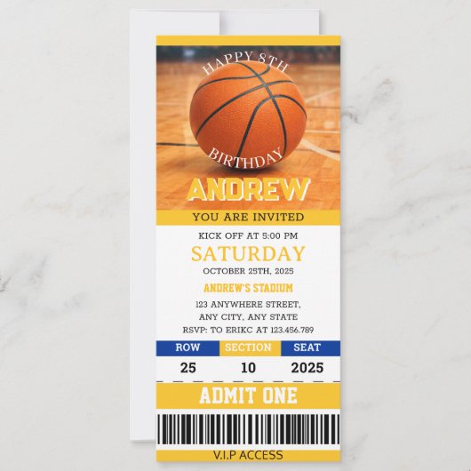 Invitation d'anniversaire de billet de basket-ball (Devant)