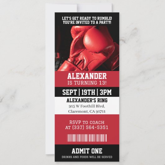 Invitation d'anniversaire de billet de boxe (Devant)