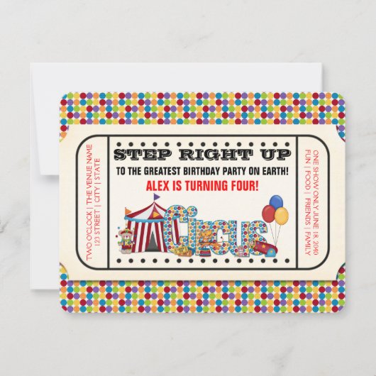 Invitation d'anniversaire de billet de cirque (Devant)