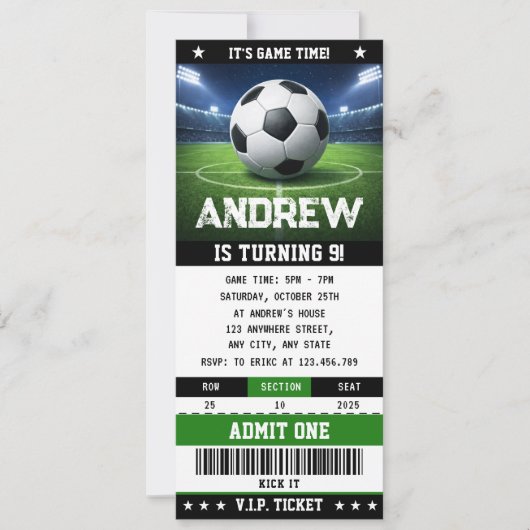 Invitation d'anniversaire de billet de jeu de foot (Devant)
