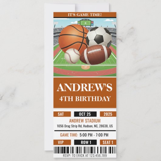 Invitation d'anniversaire de billet de sport de to (Devant)